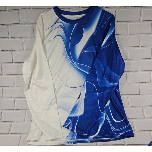 Men's Size Medium 2pc White Blue Swirl Graphic long Sleeve with pants outfit New - Picture 2 of 13